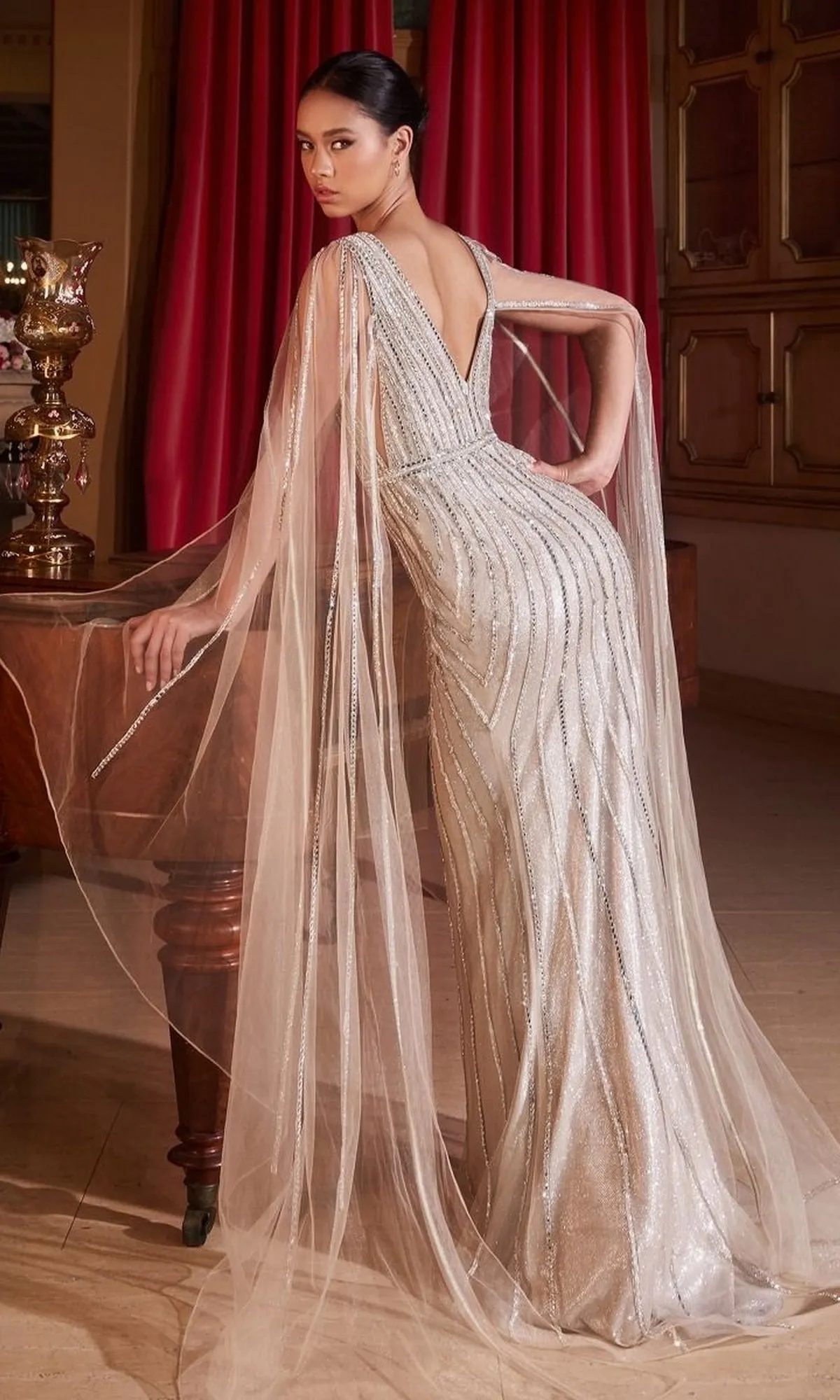 Long Platinum Formal Dress CD865 with Cape Sleeves sold by PromGirl product image thumbnail 2