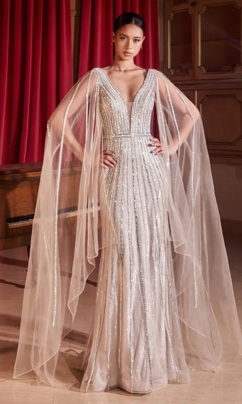 Long Platinum Formal Dress CD865 with Cape Sleeves sold by PromGirl
