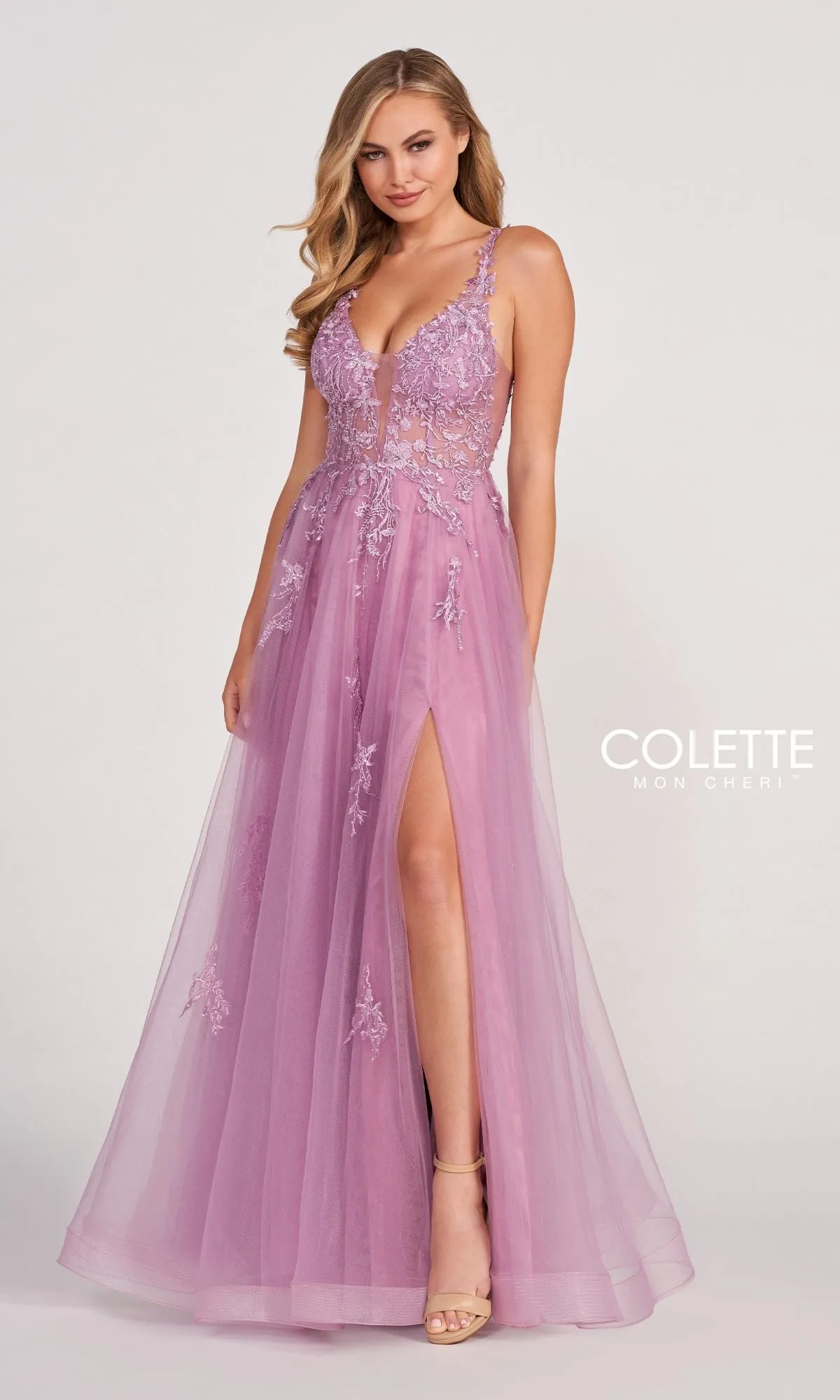 CL2074 Tulle A-Line Prom Dress with Sheer Bodice sold by PromGirl