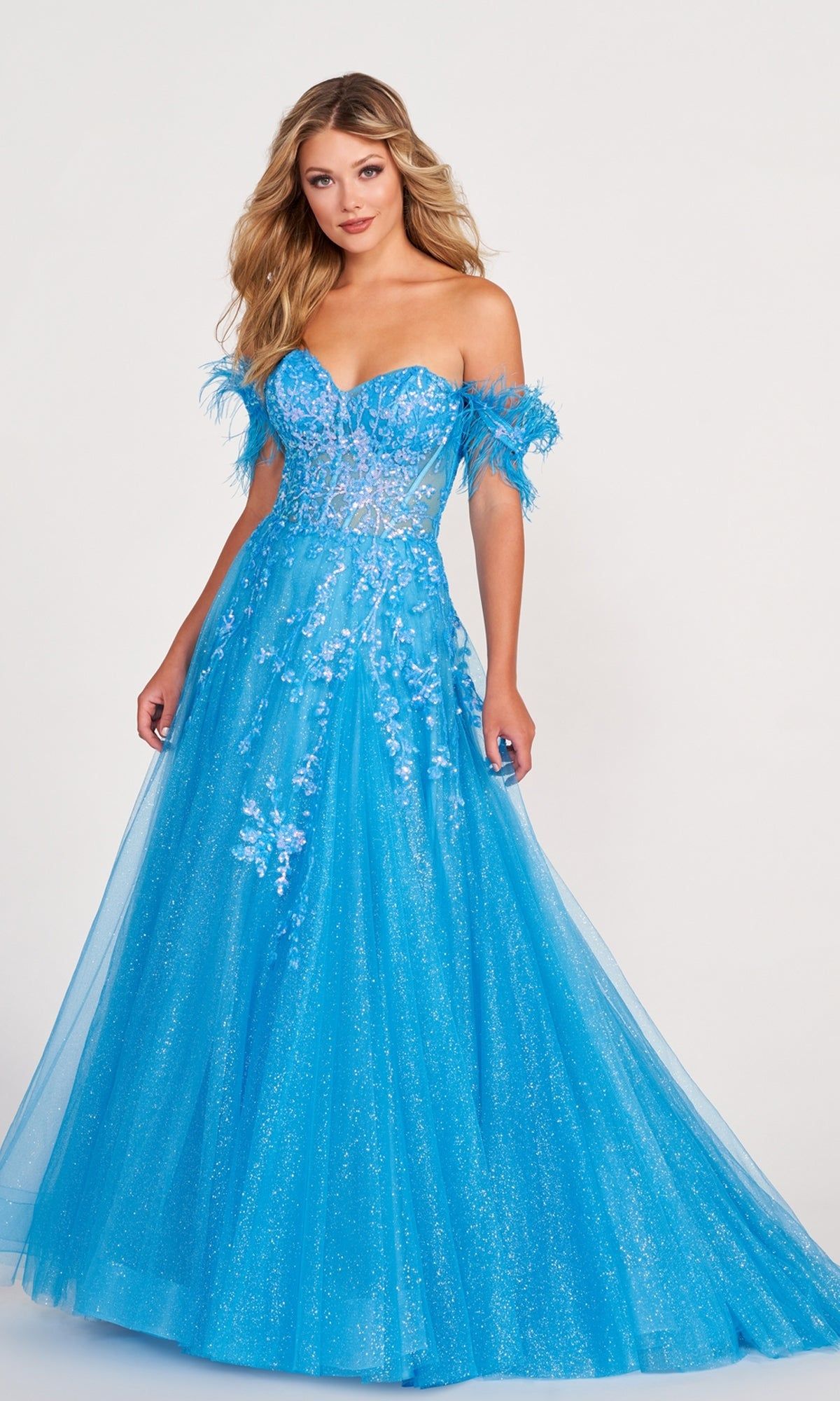 Ellie Wilde Feather Off-Shoulder Prom Ball Gown sold by PromGirl product image thumbnail 5