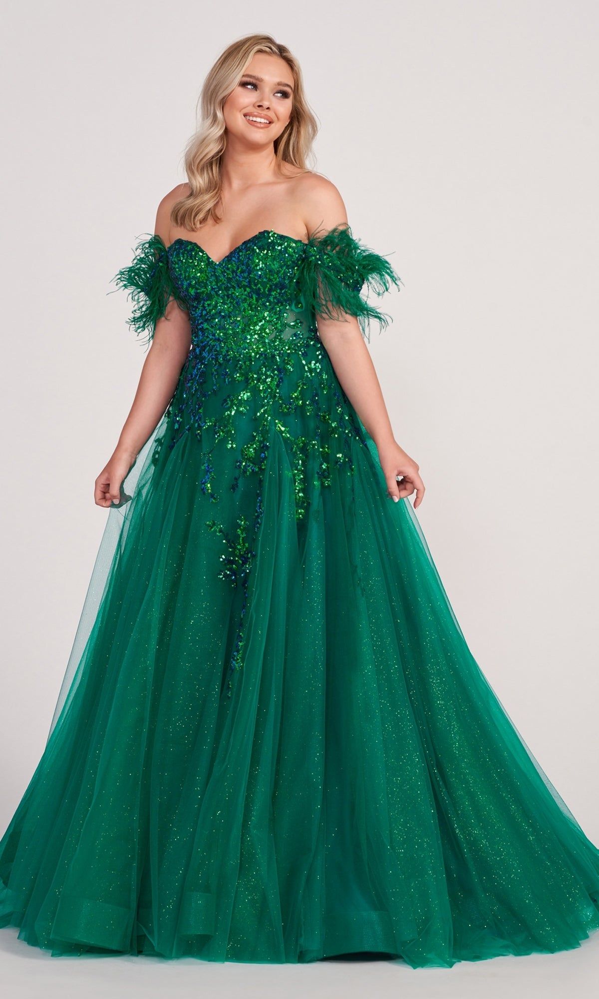 Ellie Wilde Feather Off-Shoulder Prom Ball Gown sold by PromGirl