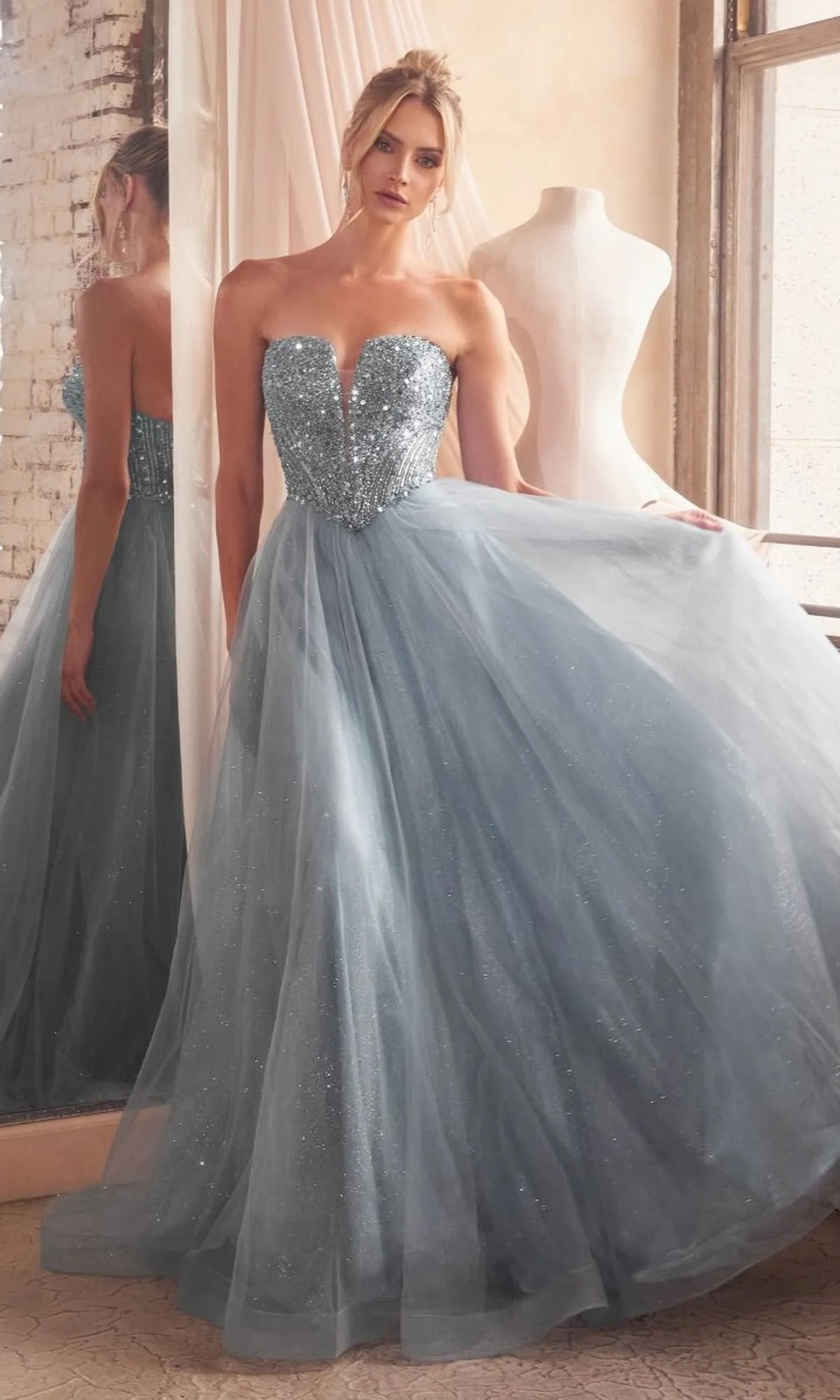 Lace-Up Strapless Long Glitter Prom Dress CD0217 sold by PromGirl product image thumbnail 5