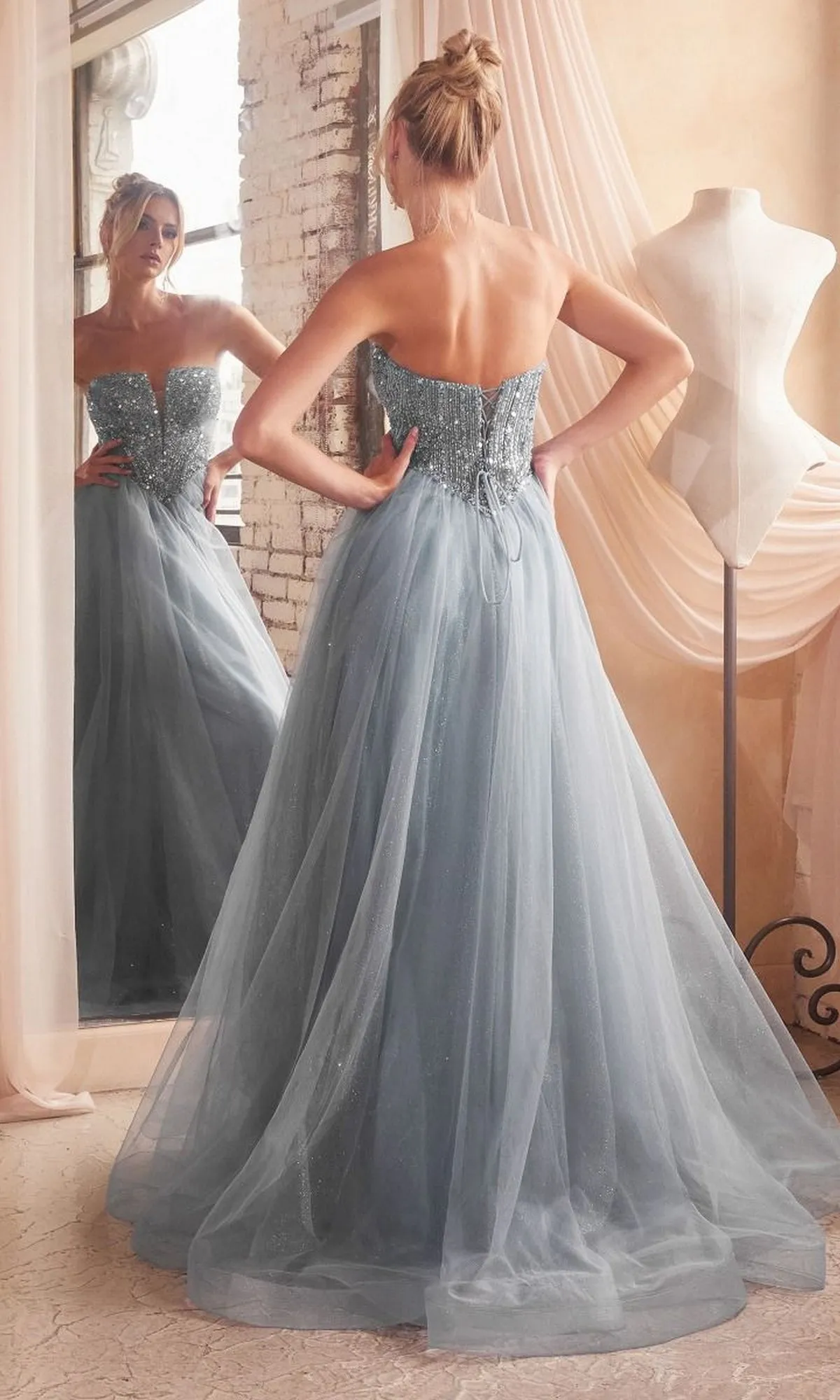Lace-Up Strapless Long Glitter Prom Dress CD0217 sold by PromGirl product image thumbnail 2