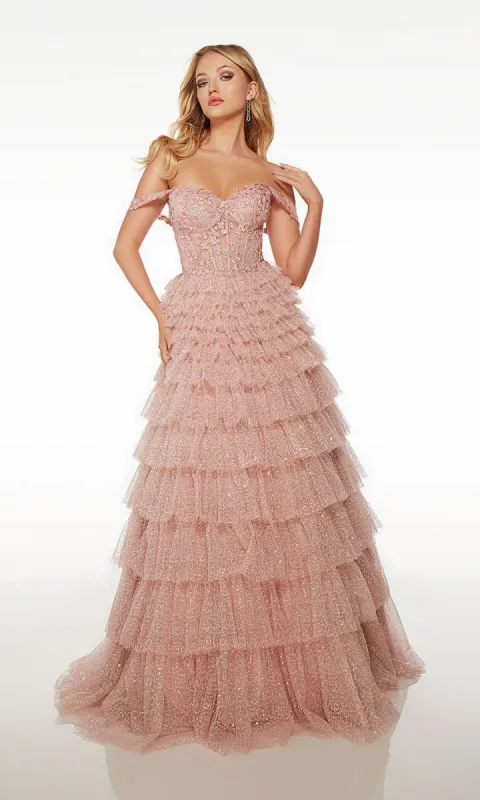 Alyce Cameo Pink Long Tiered Prom Dress 61527 sold by PromGirl