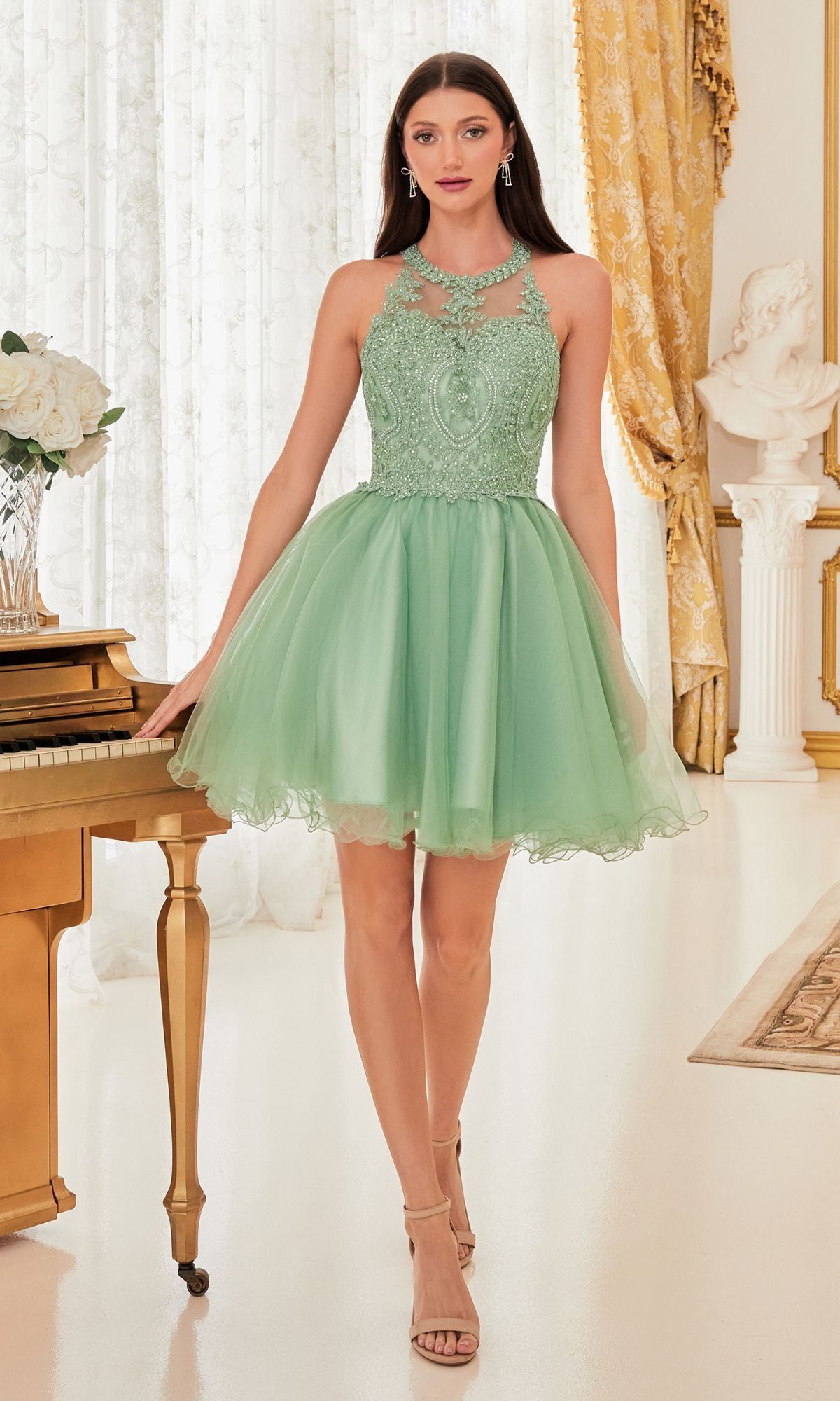 High-Neck Short Babydoll Homecoming Dress UJ0119 sold by PromGirl product image thumbnail 4