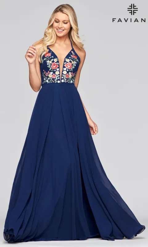 Long Chiffon Open-Back Embroidered Prom Dress sold by PromGirl