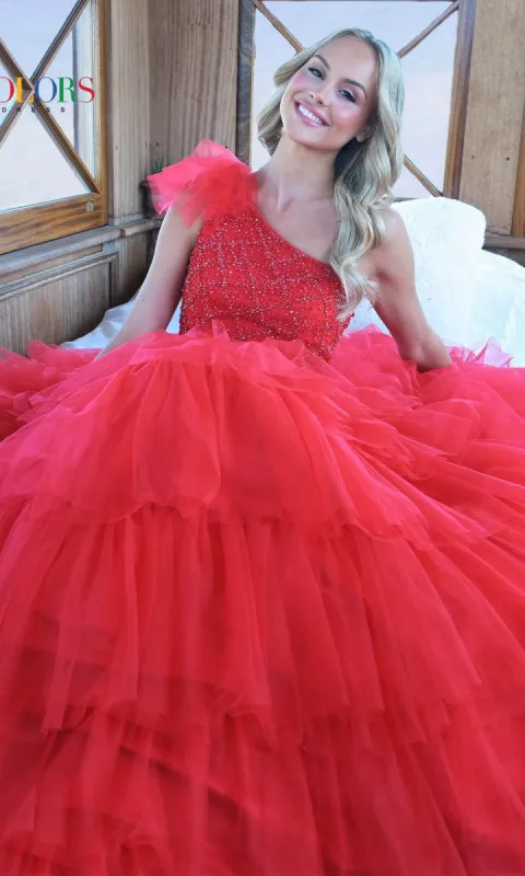 One-Shoulder Layered Long A-Line Prom Dress 3218 sold by PromGirl