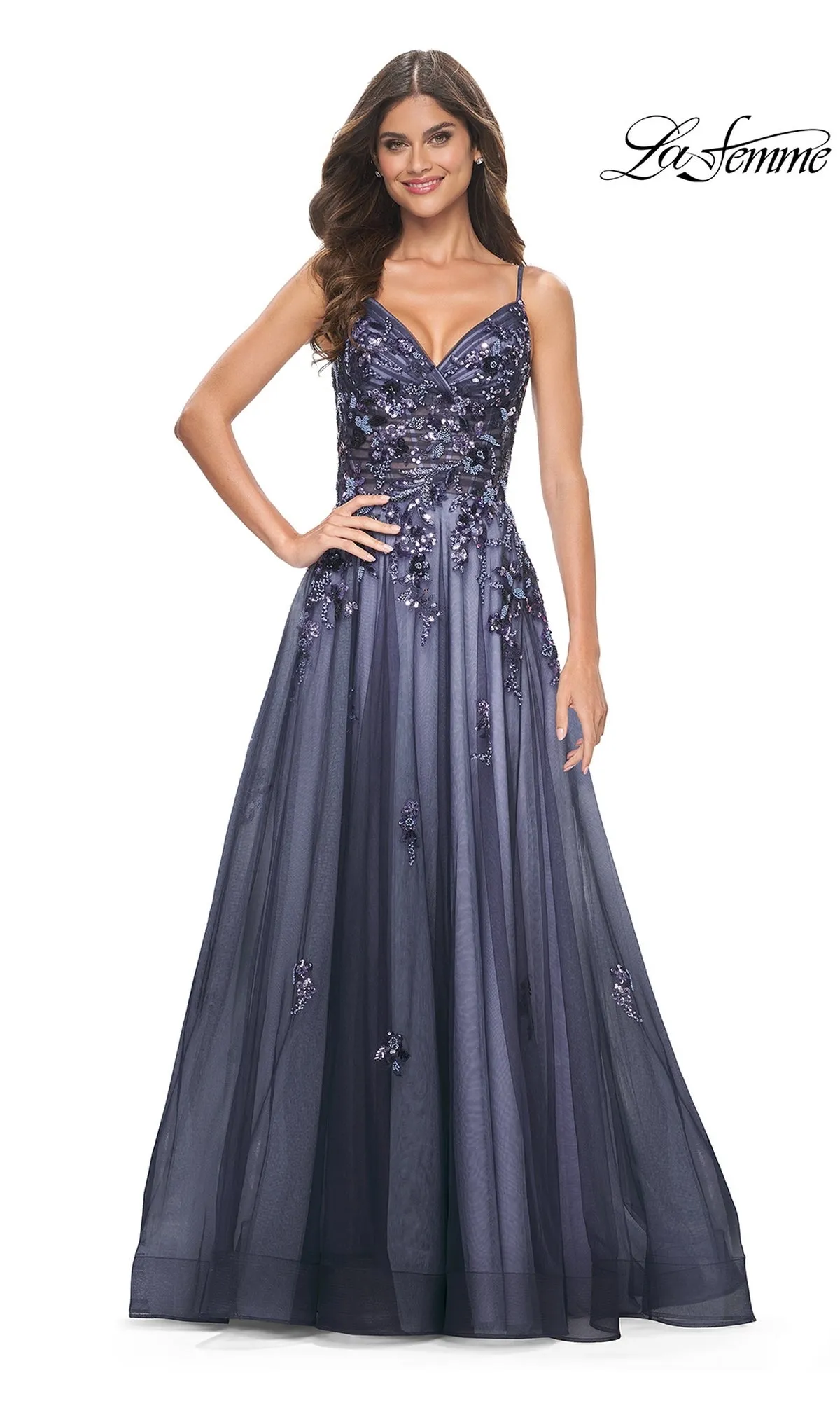 La Femme Long Navy Blue A-Line Prom Dress 32185 sold by PromGirl product image thumbnail 3