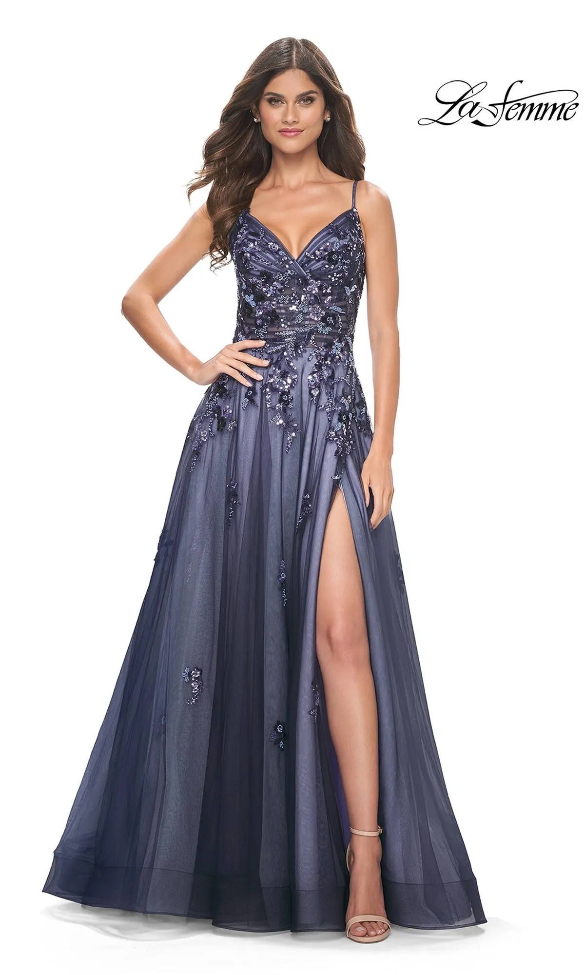 La Femme Long Navy Blue A-Line Prom Dress 32185 sold by PromGirl