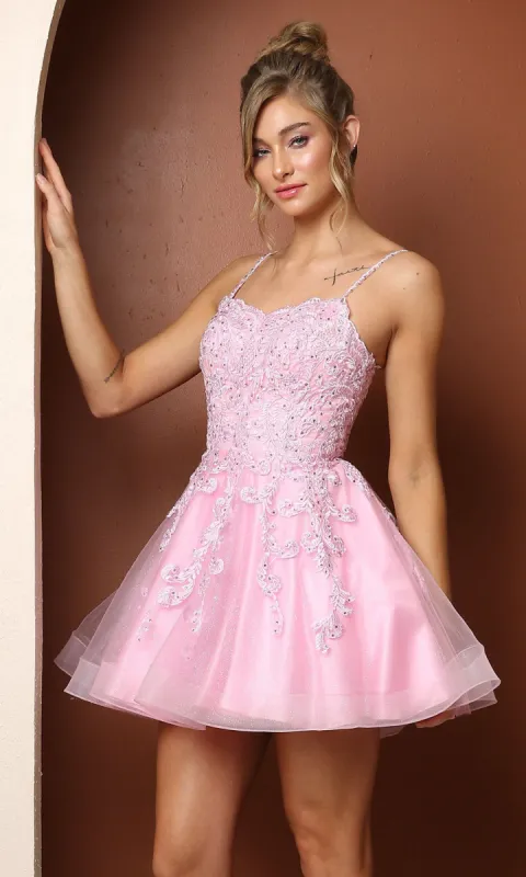 Lace-Embroidered Short Babydoll Homecoming Dress sold by PromGirl