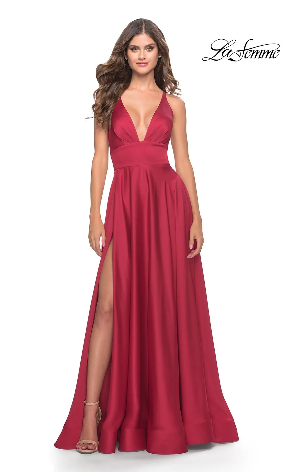 Deep V-Neck Long A-Line Prom Dress: La Femme 31533 sold by PromGirl
