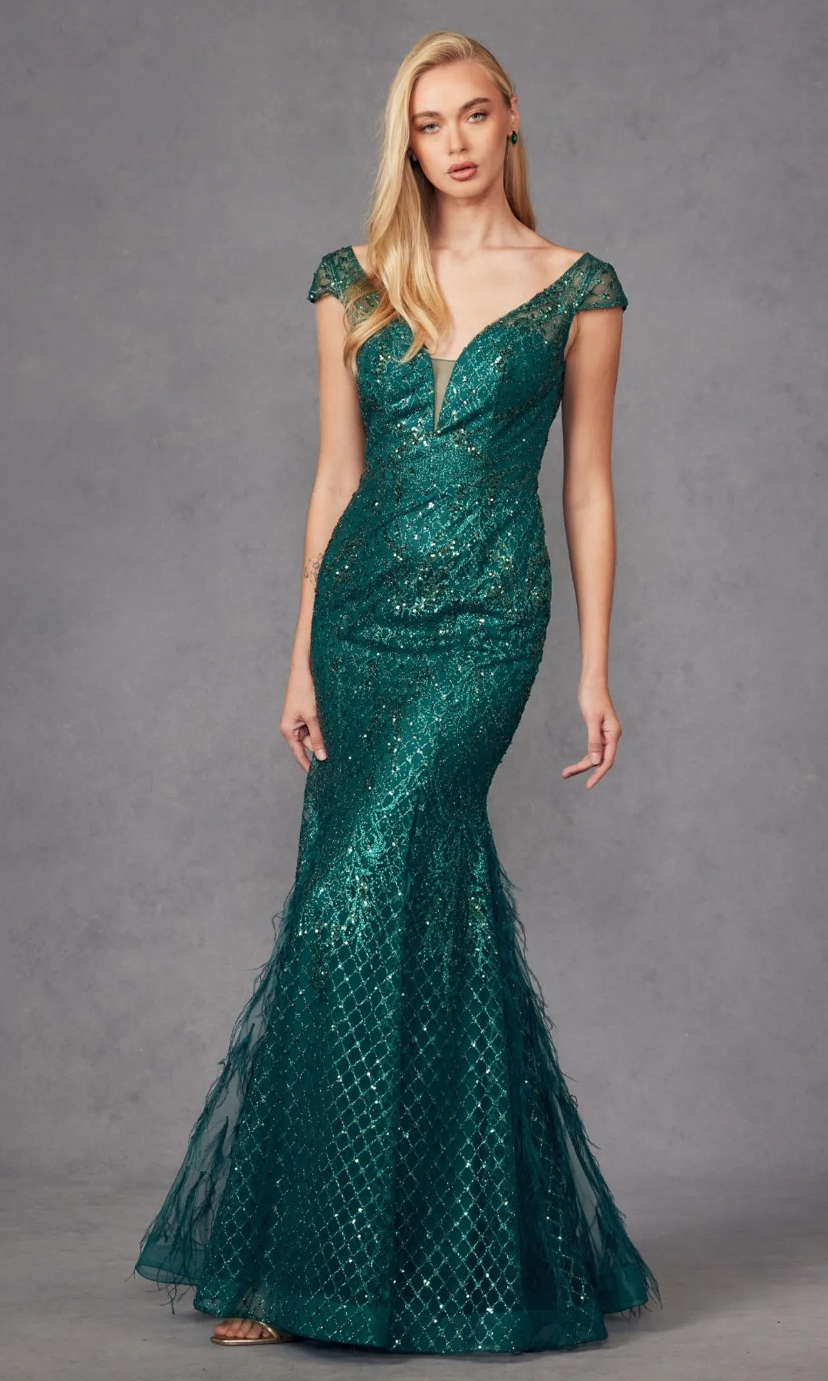 Feathered Cap-Sleeve Long Prom Dress: Juliet 286 sold by PromGirl product image thumbnail 4