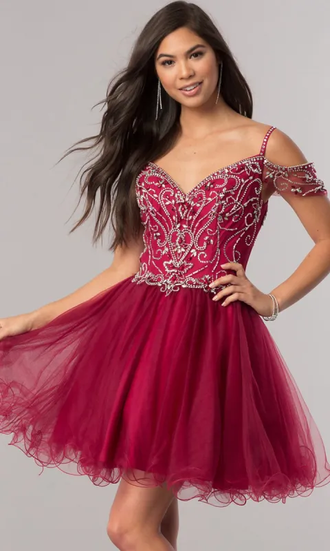 Cold-Shoulder Short Beaded Homecoming Dress sold by PromGirl