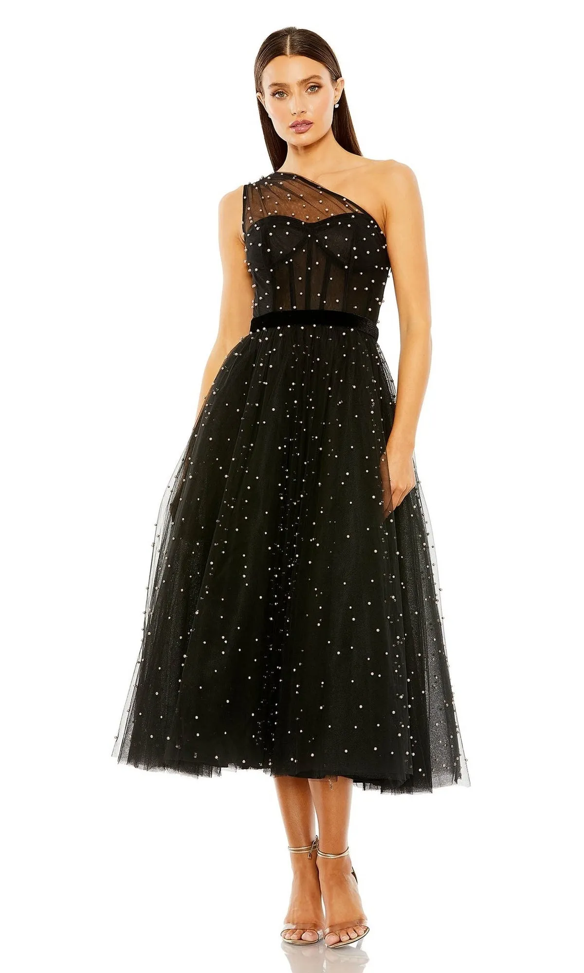 Black Midi Wedding Guest Dress: Mac Duggal 20745 sold by PromGirl