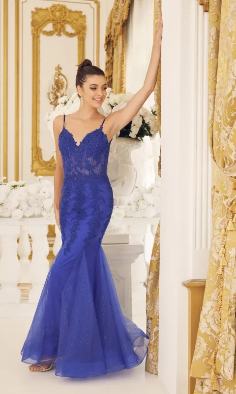 Long Mermaid Prom Dress with Sheer Bodice sold by PromGirl