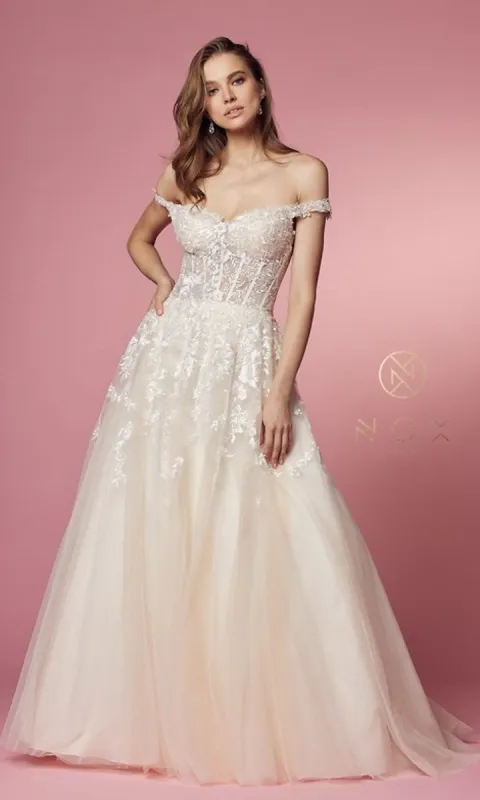 Sheer-Corset Long White Off-the-Shoulder Ball Gown sold by PromGirl