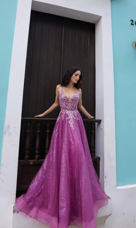Glitter-Tulle Long Magenta Prom Dress C1407 sold by PromGirl