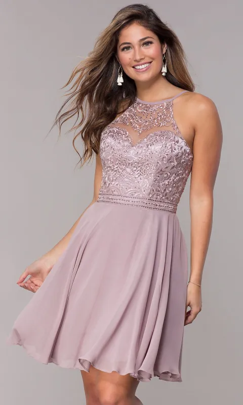 Short A-Line Embellished-Bodice Homecoming Dress sold by PromGirl
