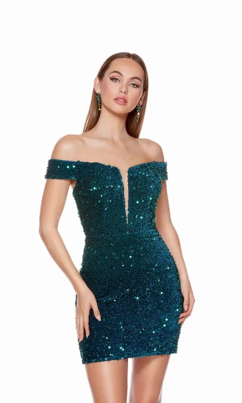 Off-Shoulder Velvet Sequin Homecoming Dress 4775 sold by PromGirl