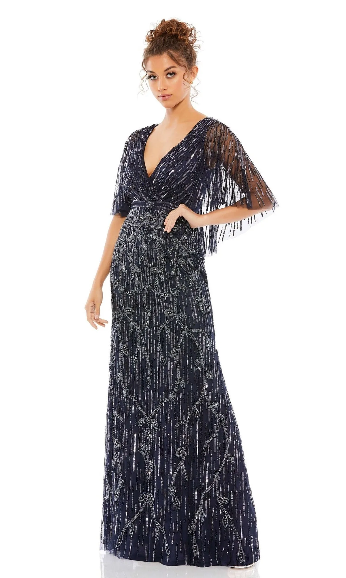 Beaded Cape-Sleeve Formal Gown: Mac Duggal 9064 sold by PromGirl