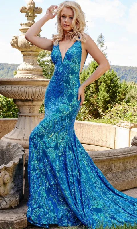 Backless Jovani Prom Dress with Sequin Pattern sold by PromGirl