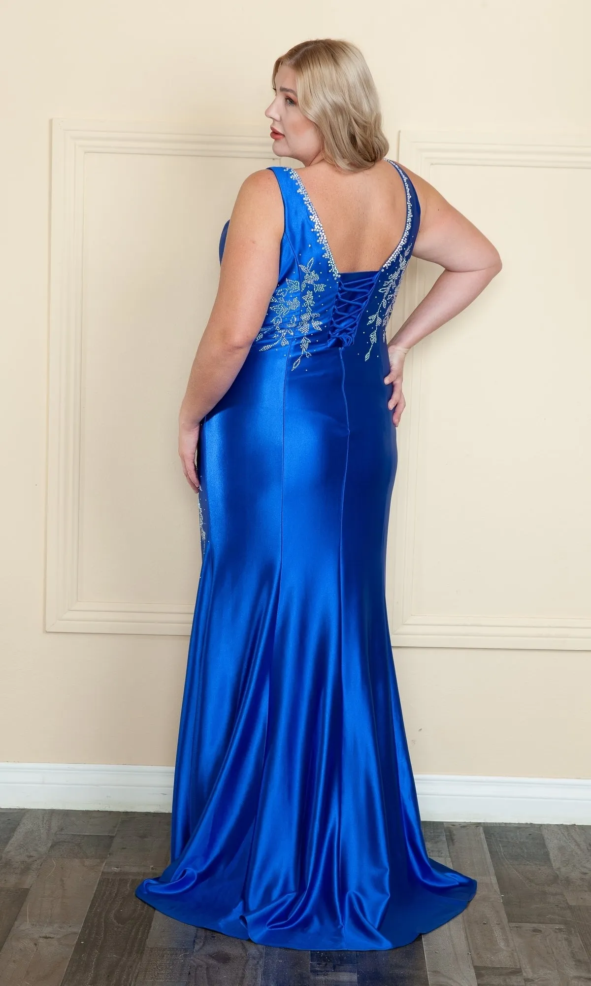 Plus-Size Long Spandex Prom Dress with Beads W1132 sold by PromGirl product image thumbnail 5