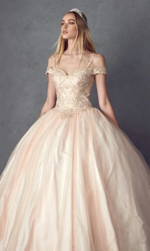 Juliet 1430 Cold-Shoulder Glitter Quinceanera Dress sold by PromGirl