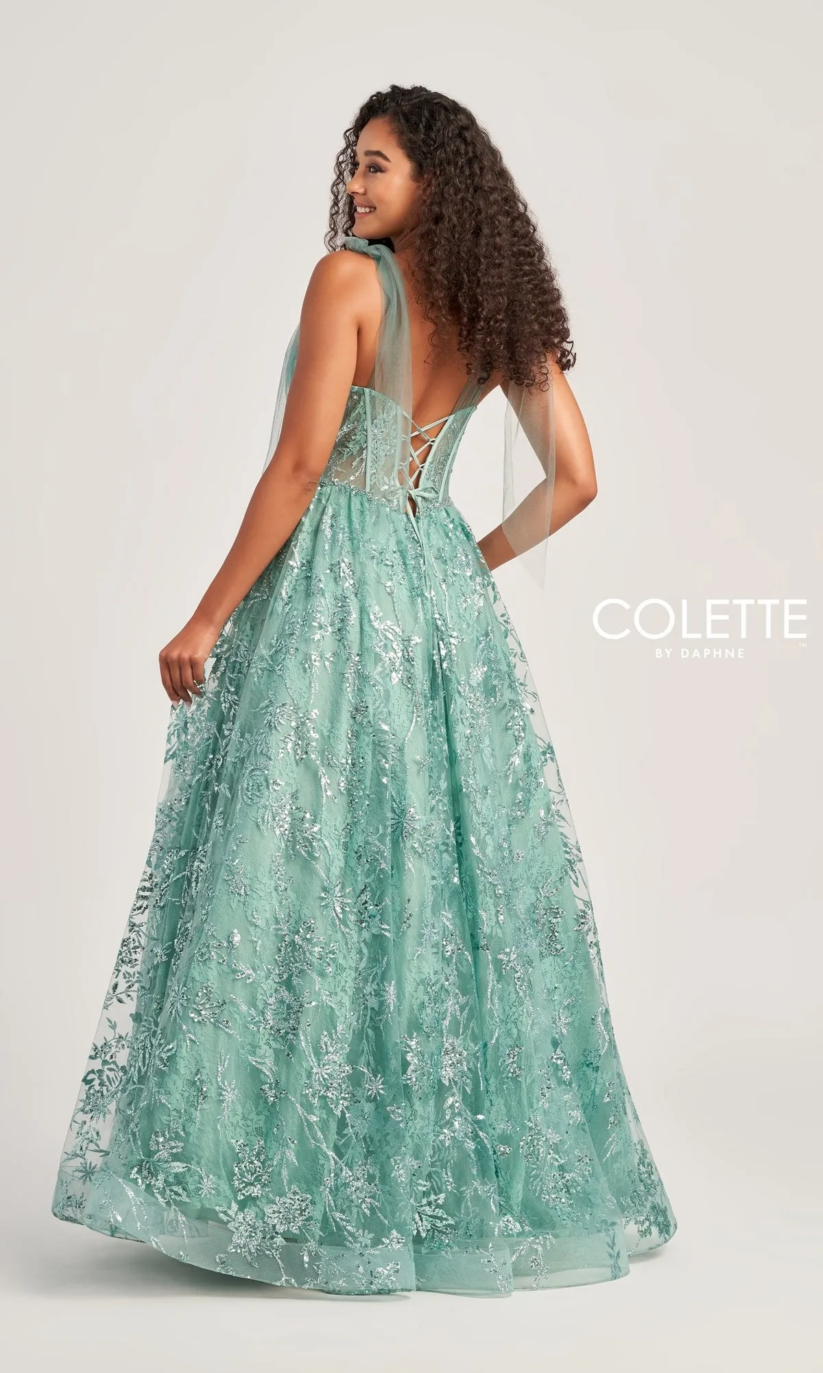 Colette Sage Green Long Glitter Prom Gown CL5236 sold by PromGirl product image thumbnail 2