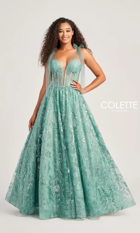 Colette Sage Green Long Glitter Prom Gown CL5236 sold by PromGirl