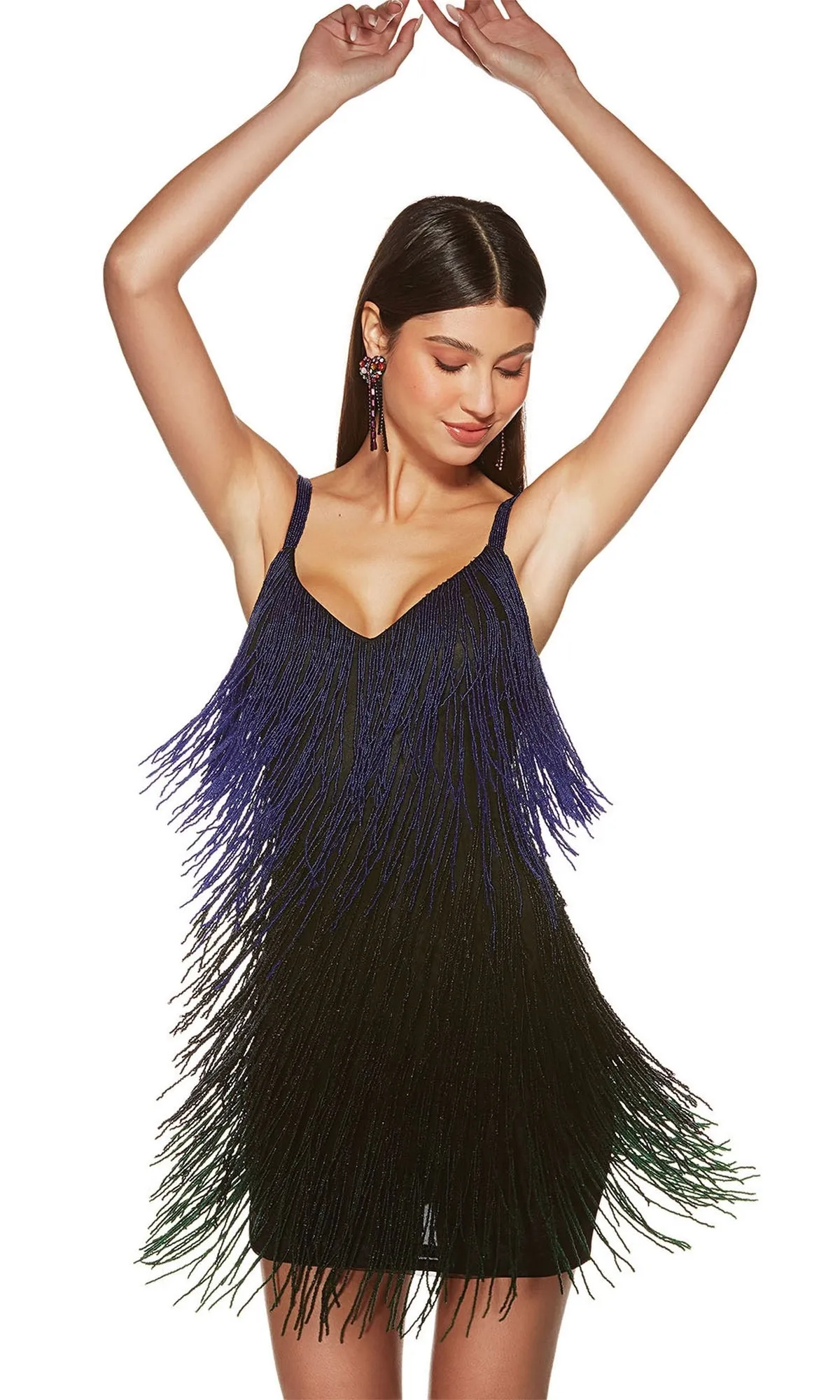 V-Neck Fringe Homecoming Dress: Alyce 4875 sold by PromGirl