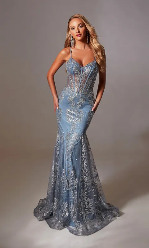 Long Glitter-Print Prom Dress: Aerie Couture 251 sold by PromGirl