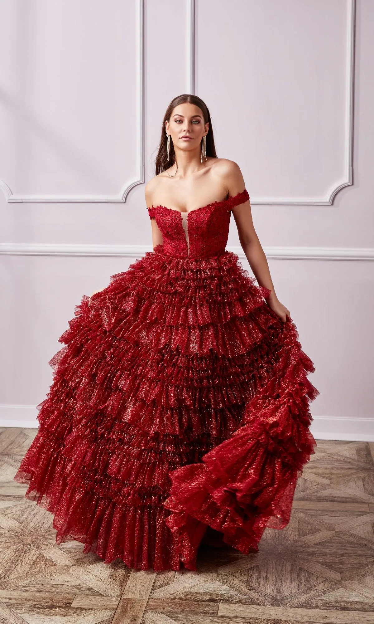 Lace-Up Long A-Line Glitter Prom Dress with Ruffles sold by PromGirl product image thumbnail 5