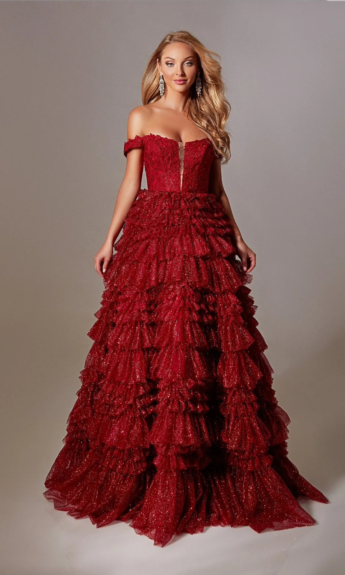 Lace-Up Long A-Line Glitter Prom Dress with Ruffles sold by PromGirl