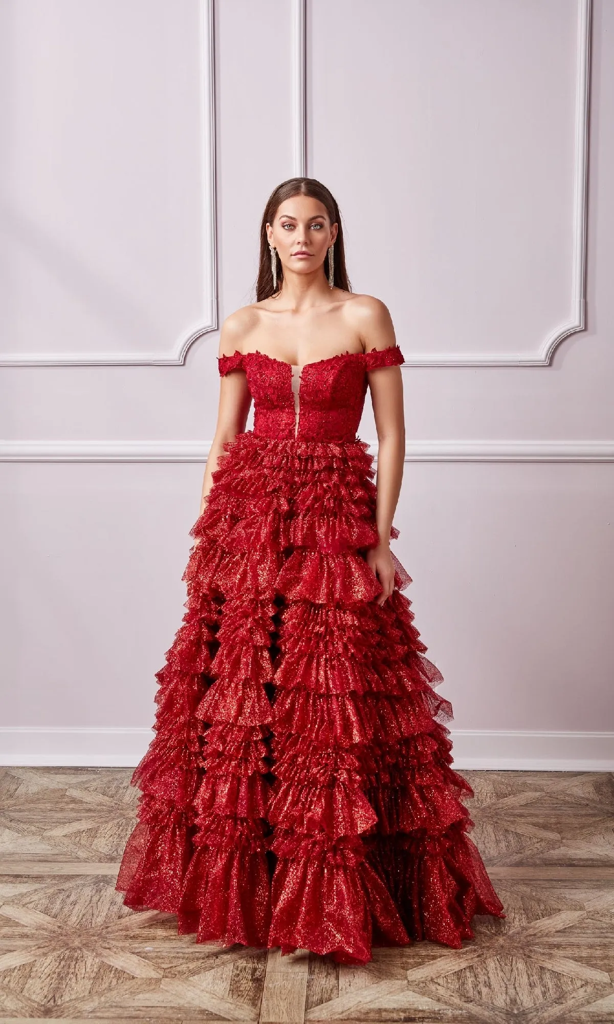 Lace-Up Long A-Line Glitter Prom Dress with Ruffles sold by PromGirl product image thumbnail 4