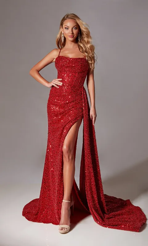 Draped Long Sequin Prom Dress: Aerie Couture 220 sold by PromGirl