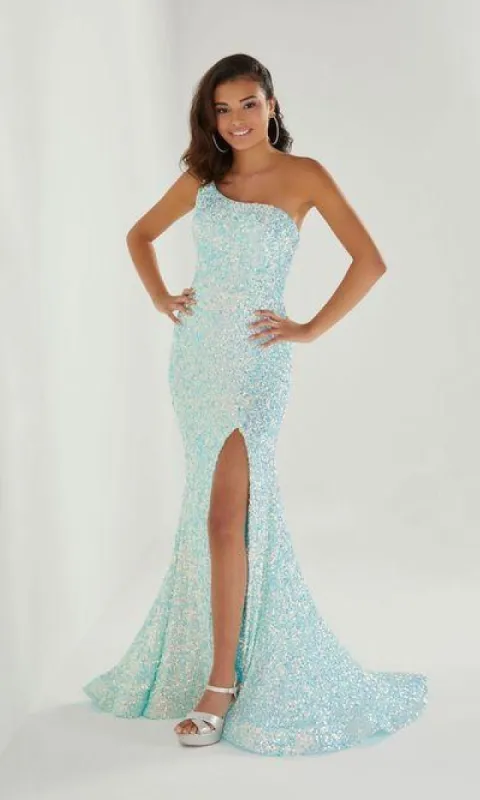 One-Shoulder Sequin Prom Dress: Tiffany 46262 sold by PromGirl