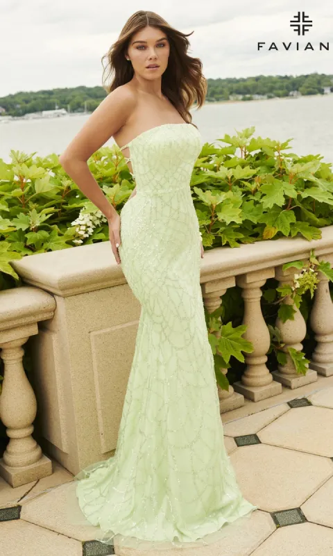 Strapless Faviana Long Glitter-Print Prom Dress sold by PromGirl
