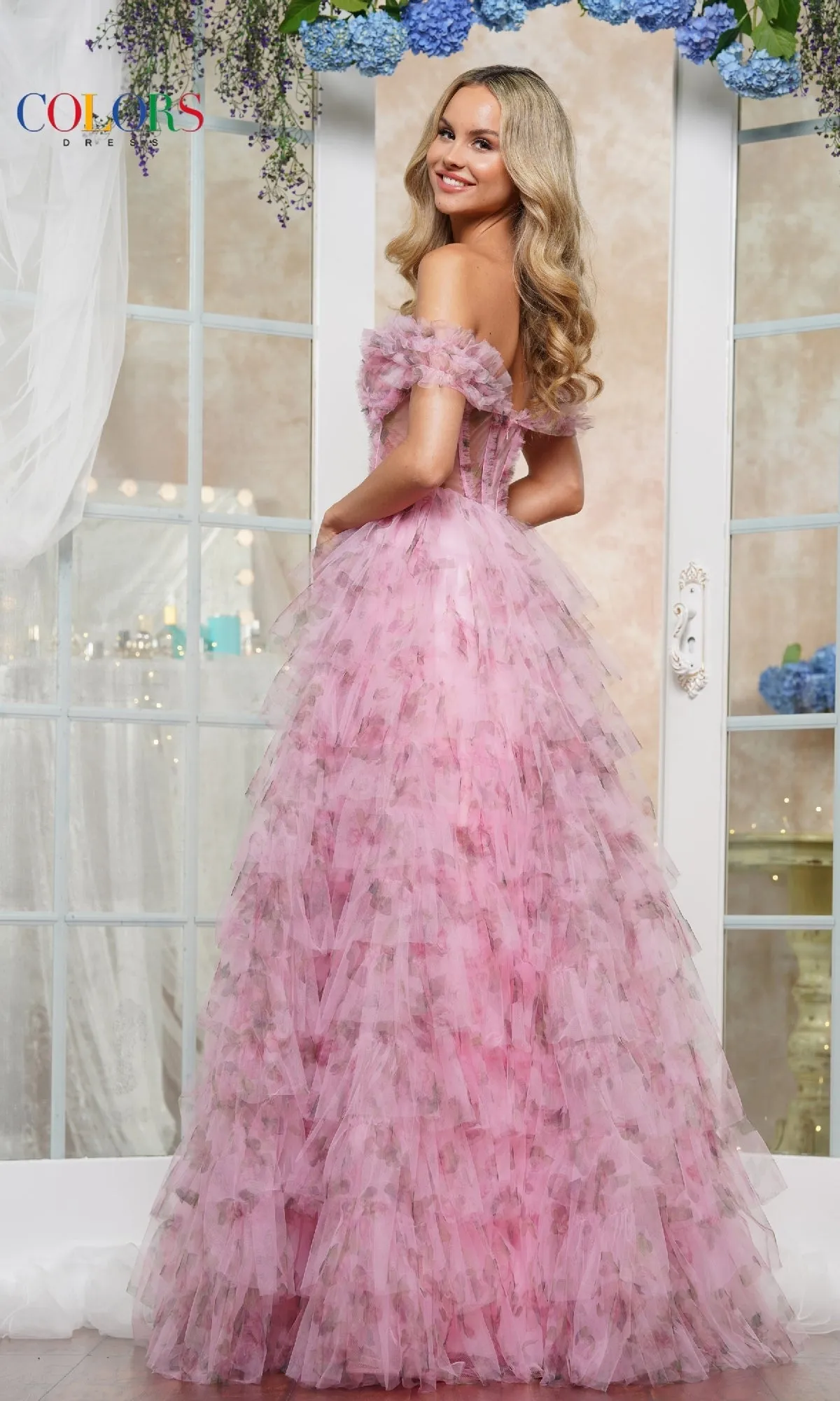 Ruffled Floral-Print Prom Ball Gown: Colors Dress 3504 sold by PromGirl product image thumbnail 2