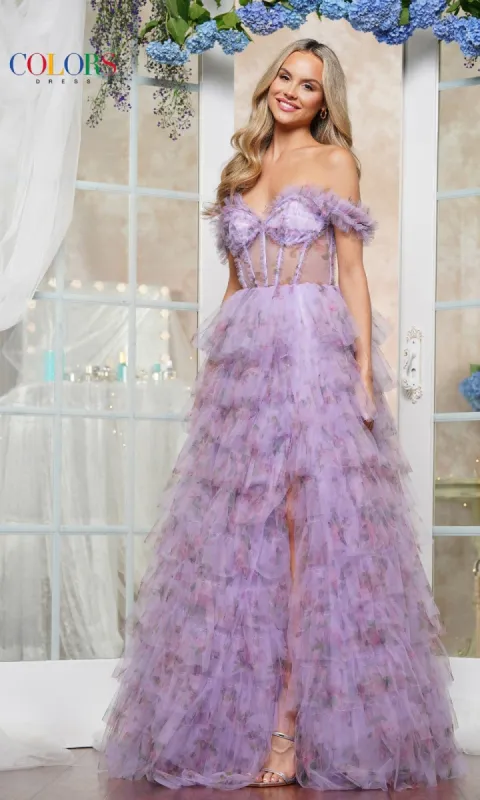 Ruffled Floral-Print Prom Ball Gown: Colors Dress 3504 sold by PromGirl