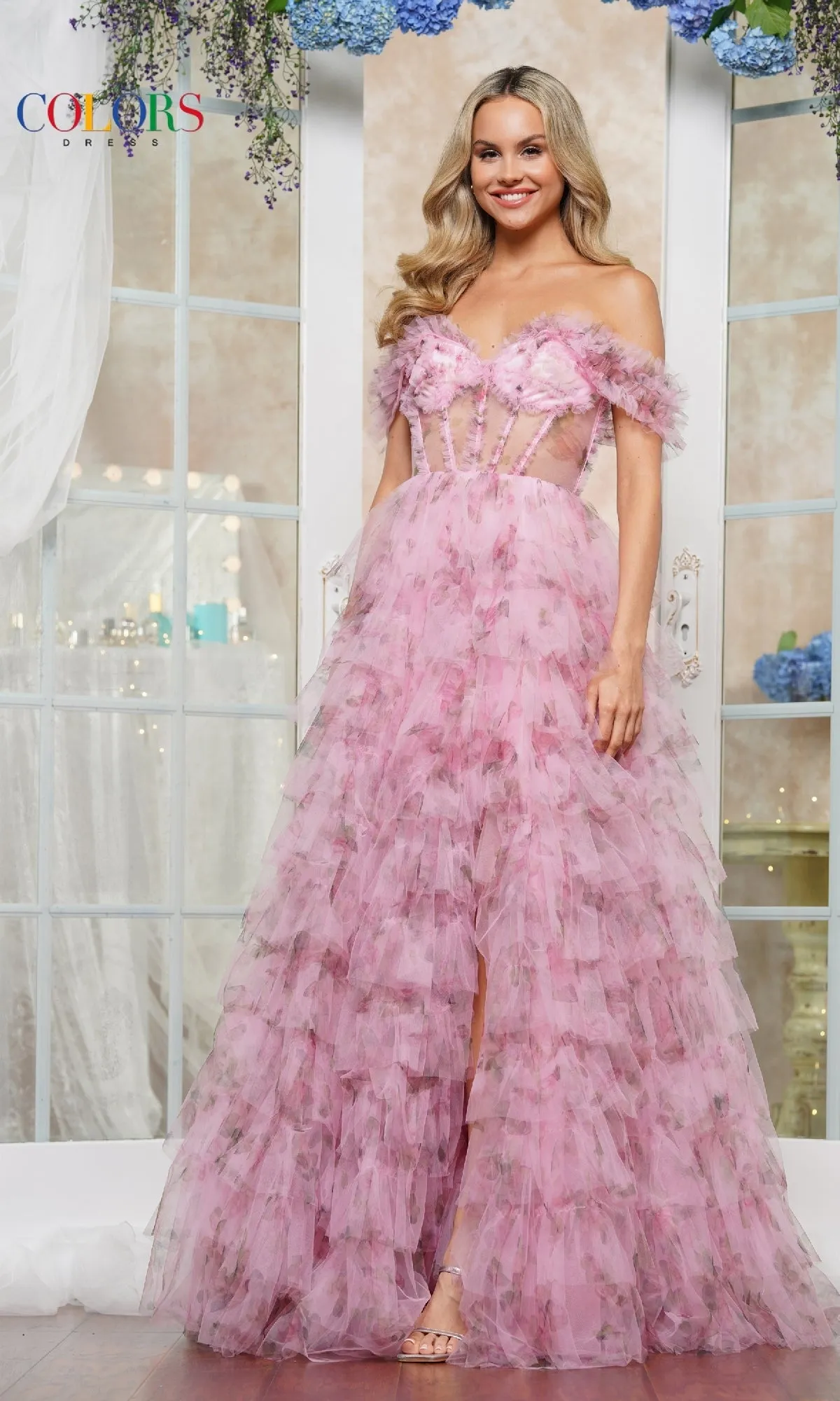Ruffled Floral-Print Prom Ball Gown: Colors Dress 3504 sold by PromGirl product image thumbnail 3
