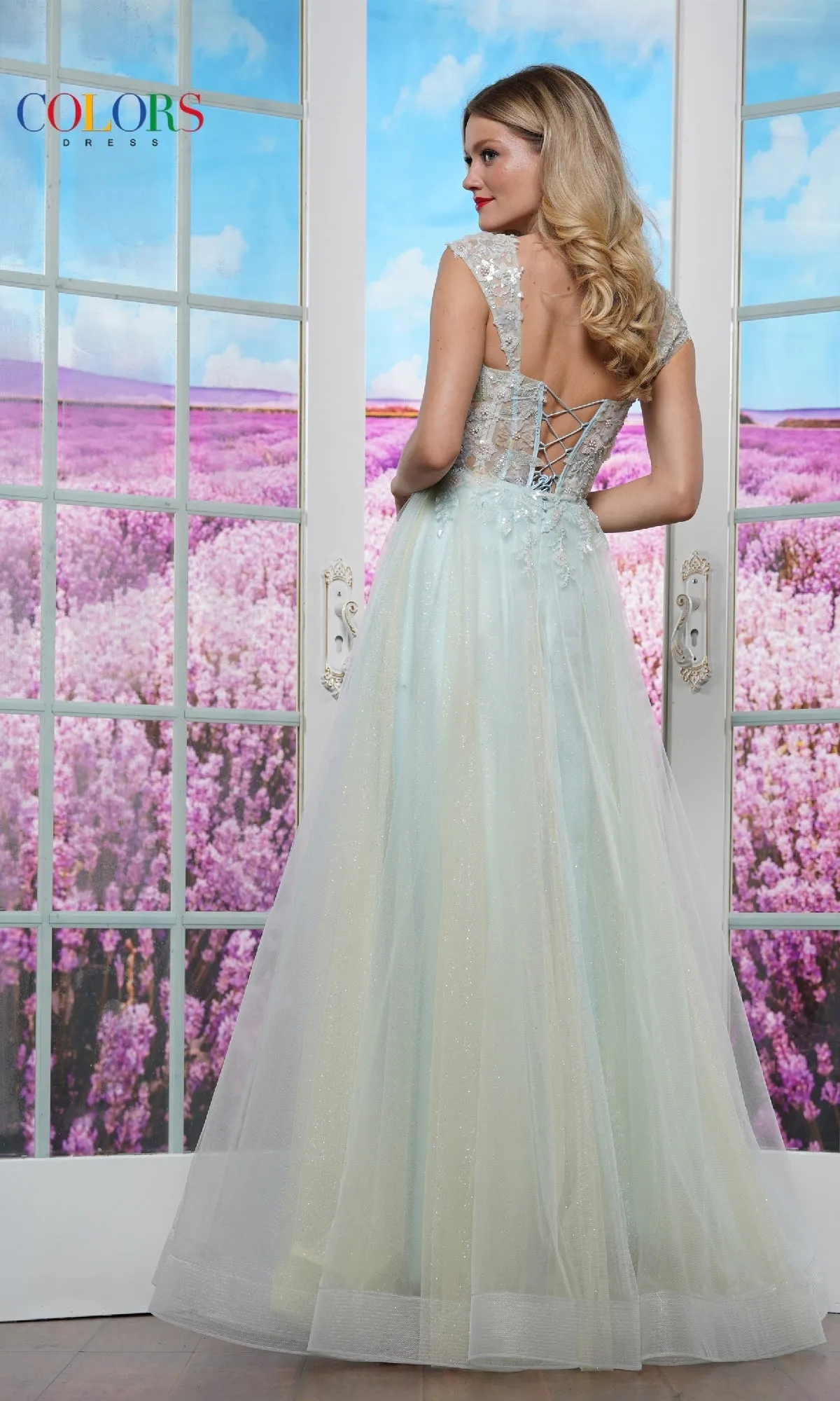 Off-Shoulder Glitter Tulle Prom Ball Gown: Colors Dress 3498 sold by PromGirl product image thumbnail 4