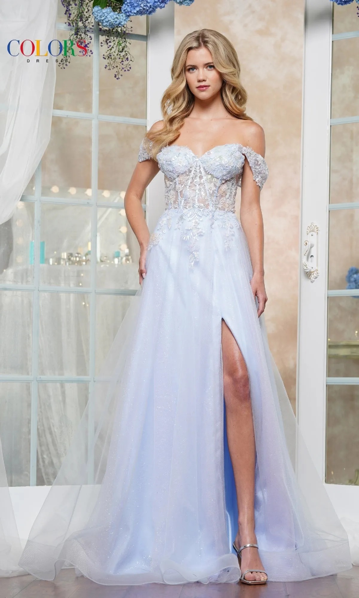 Off-Shoulder Glitter Tulle Prom Ball Gown: Colors Dress 3498 sold by PromGirl