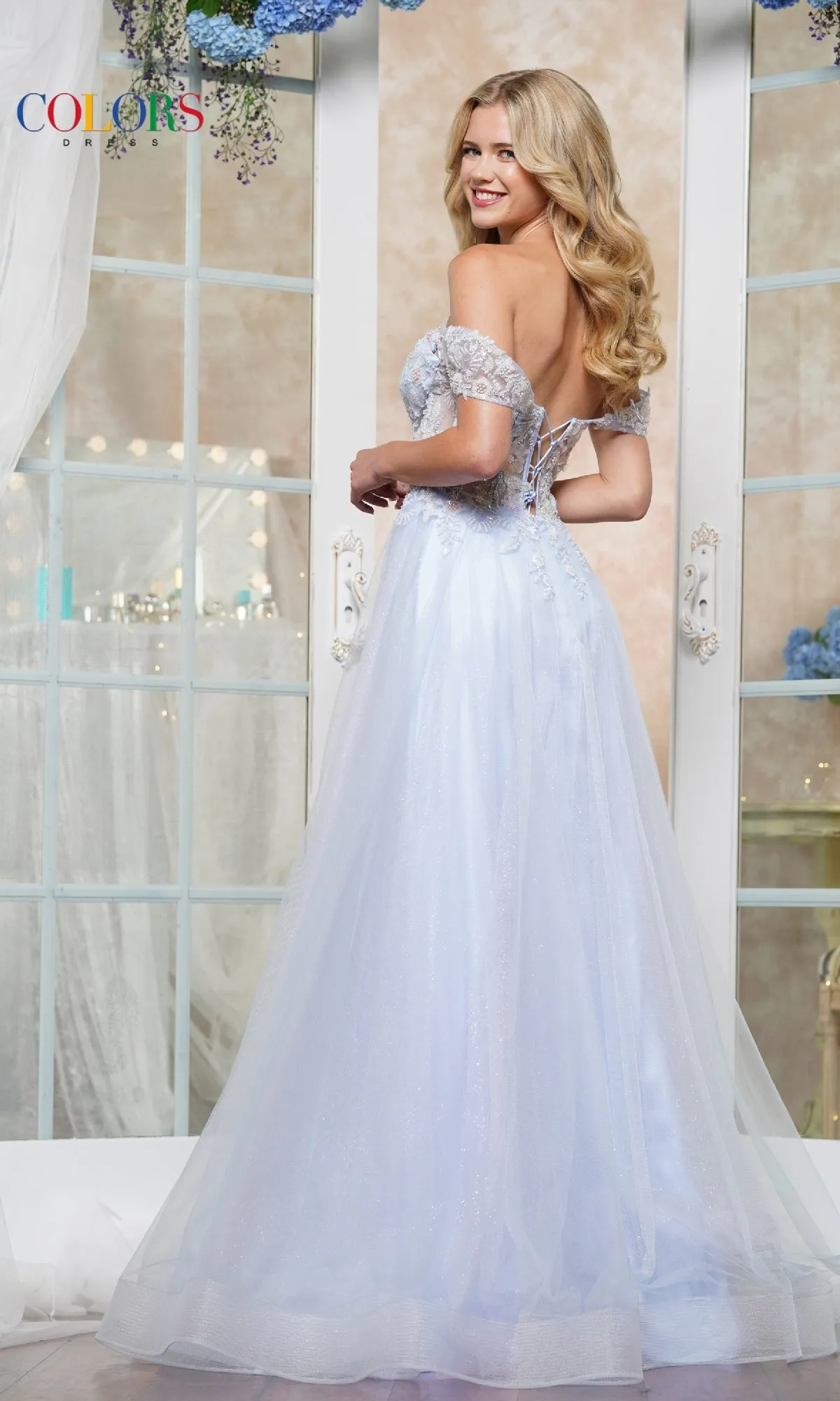 Off-Shoulder Glitter Tulle Prom Ball Gown: Colors Dress 3498 sold by PromGirl product image thumbnail 2