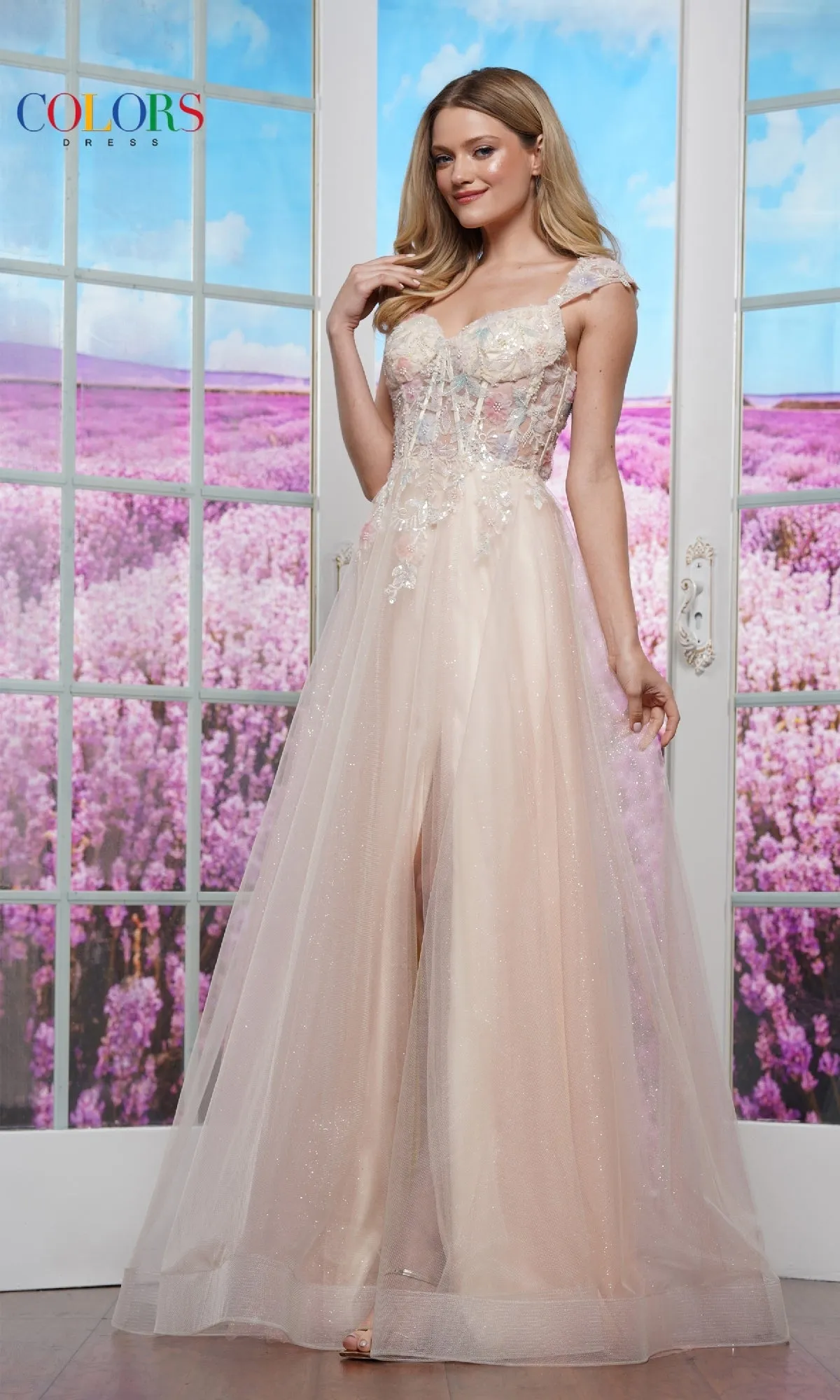 Off-Shoulder Glitter Tulle Prom Ball Gown: Colors Dress 3498 sold by PromGirl product image thumbnail 5