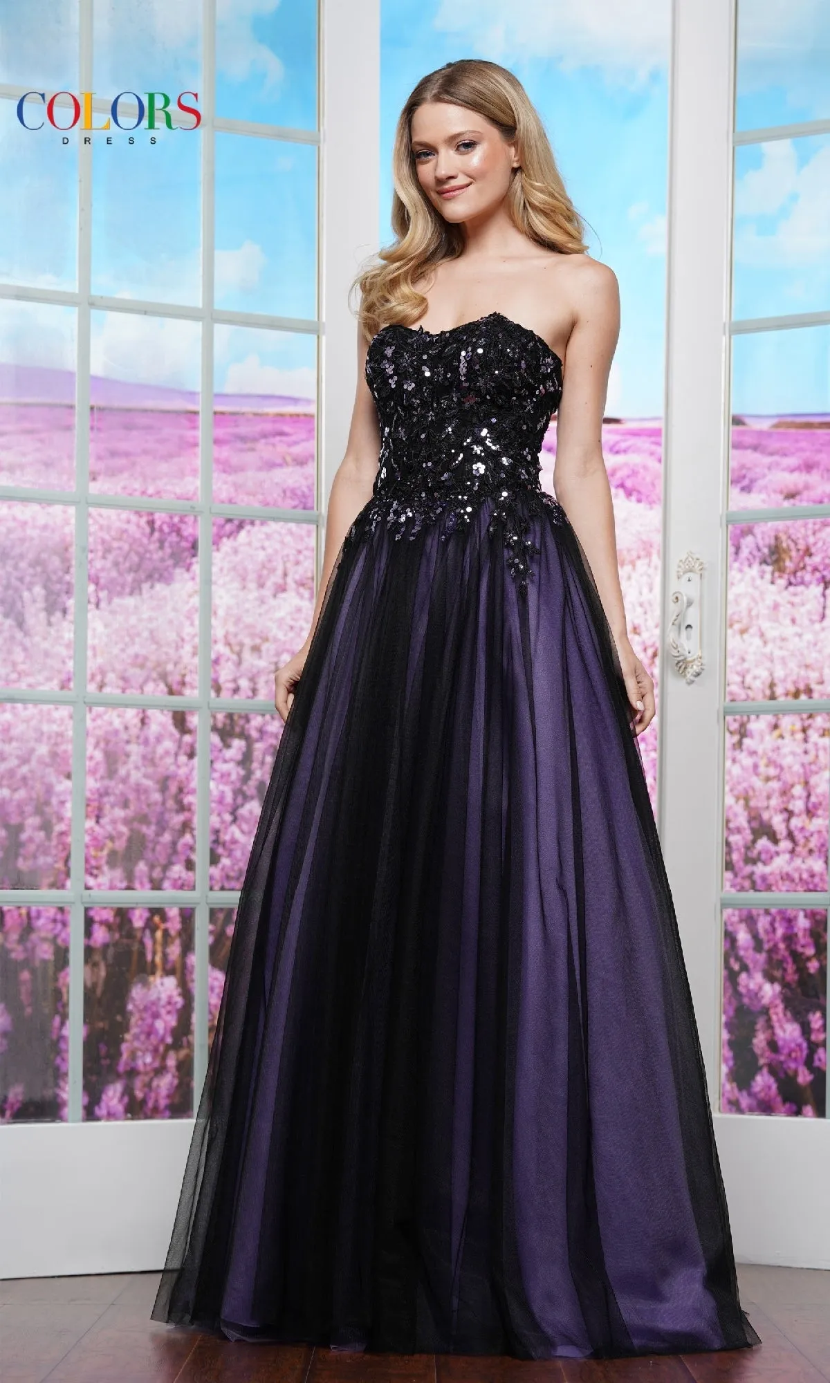 Strapless Lace-Up Prom Ball Gown: Colors Dress 3495 sold by PromGirl