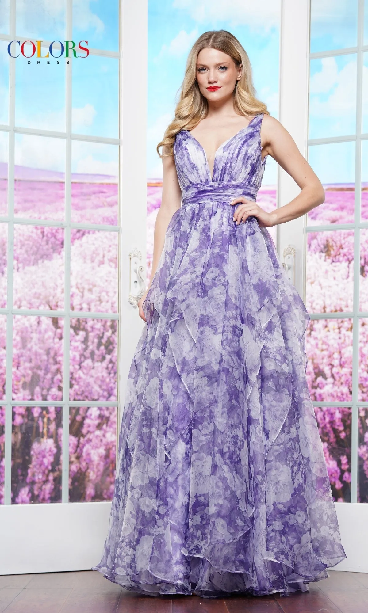 Sleeveless Floral-Print Prom Ball Gown: Colors Dress 3545 sold by PromGirl