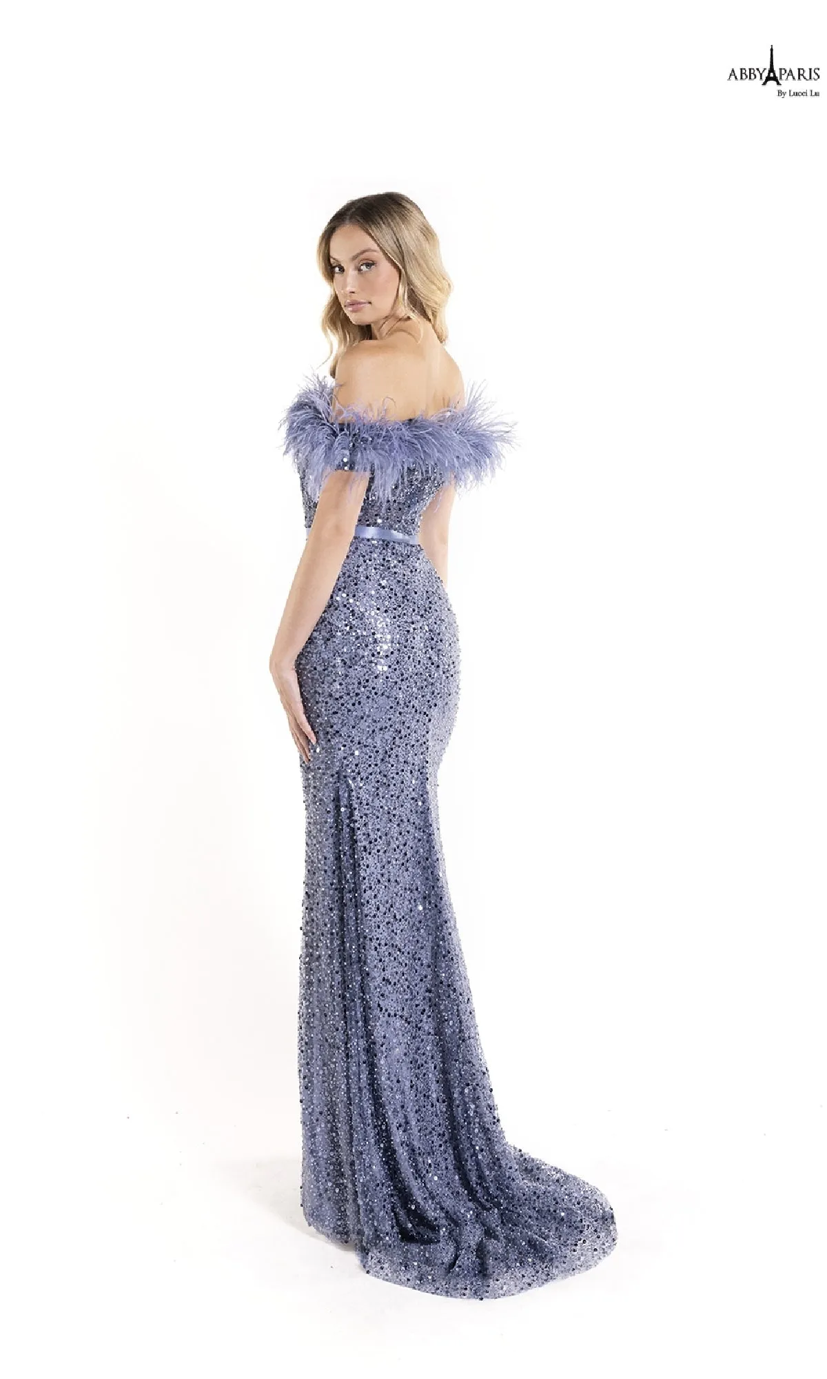 Feather Off-Shoulder Sequin Prom Dress: Abby Paris 90170 sold by PromGirl product image thumbnail 2