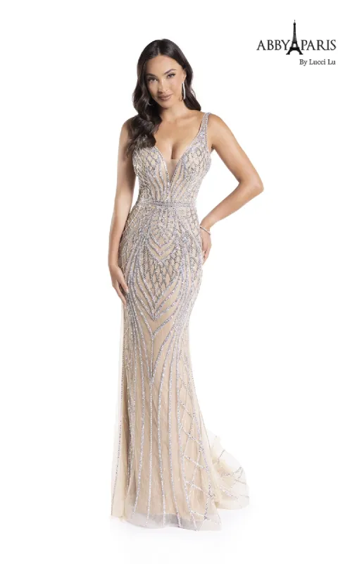 Sparkly Embroidered Prom Dress: Abby Paris 90156 sold by PromGirl