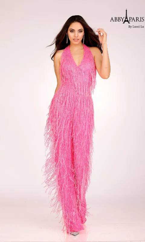 Halter Fringe Prom Jumpsuit: Abby Paris 92107 sold by PromGirl