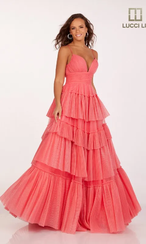 Tiered Ruffled Glitter Prom Dress: Lucci Lu 1357 sold by PromGirl